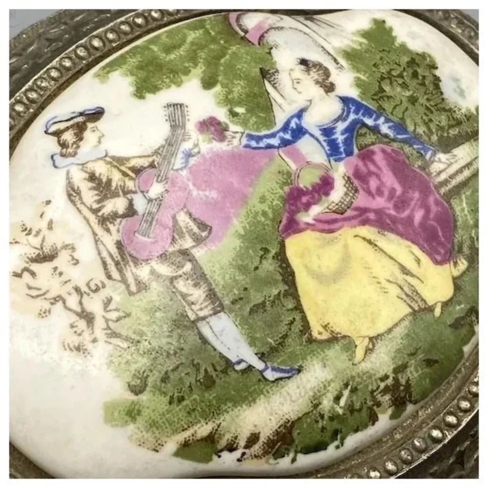 Vintage Ornate Trinket Box or Casket Courting Couple Ceramic Top Japan